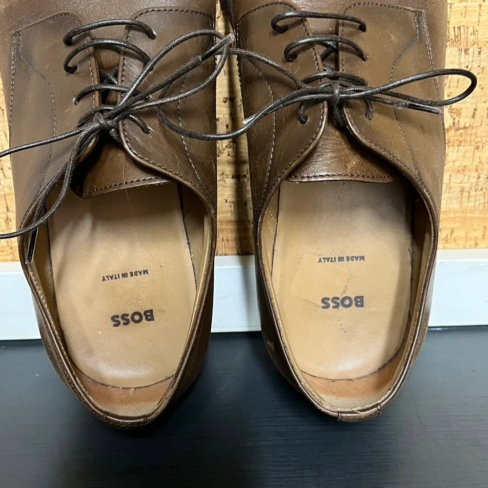 Hugo Boss Mens Brown Leather Derby Dress Shoes Made in‎ Italy 50470980 Size 9.5